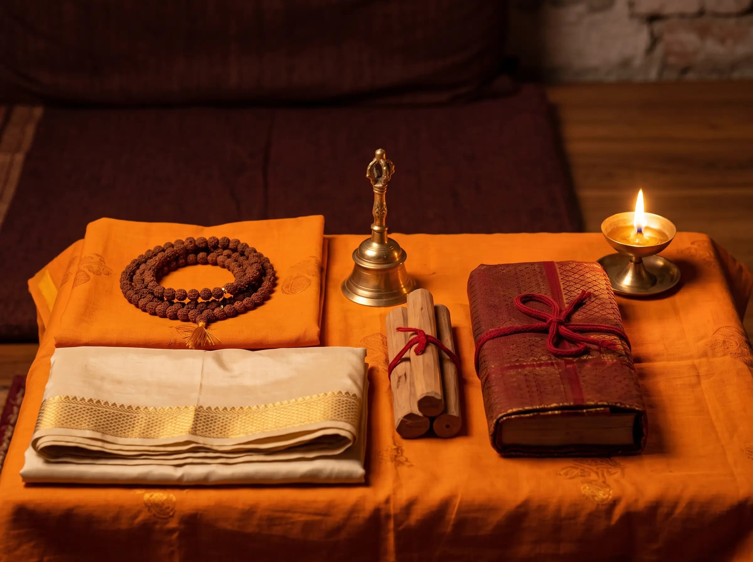 A prayer mala, a brass bell, a lamp and a scripture bound in red cloth, laid on saffron cloth