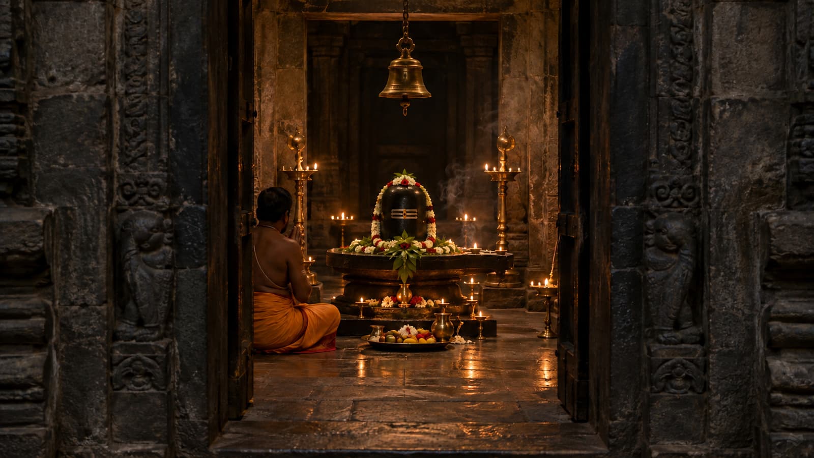 Warm lamplight inside a temple sanctum