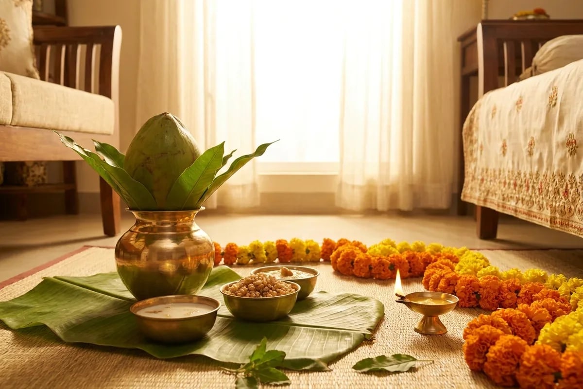 A kalash with a coconut and mango leaves, marigolds and a small diya set out on a mat at home