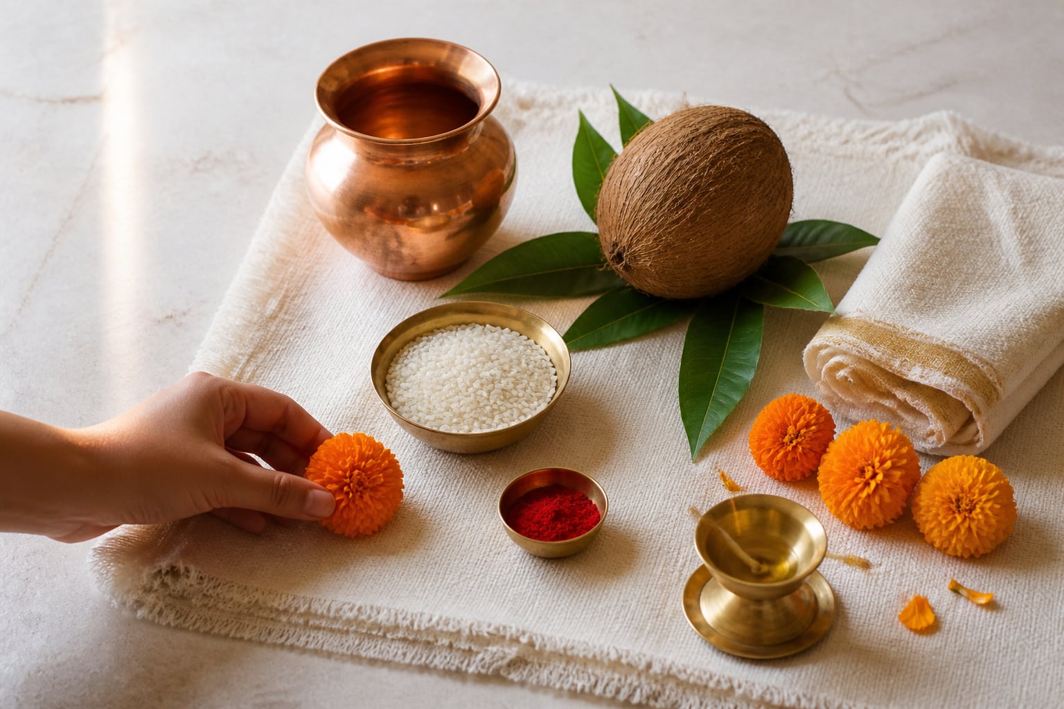 Flowers, a brass kalash and offerings arranged for a home puja