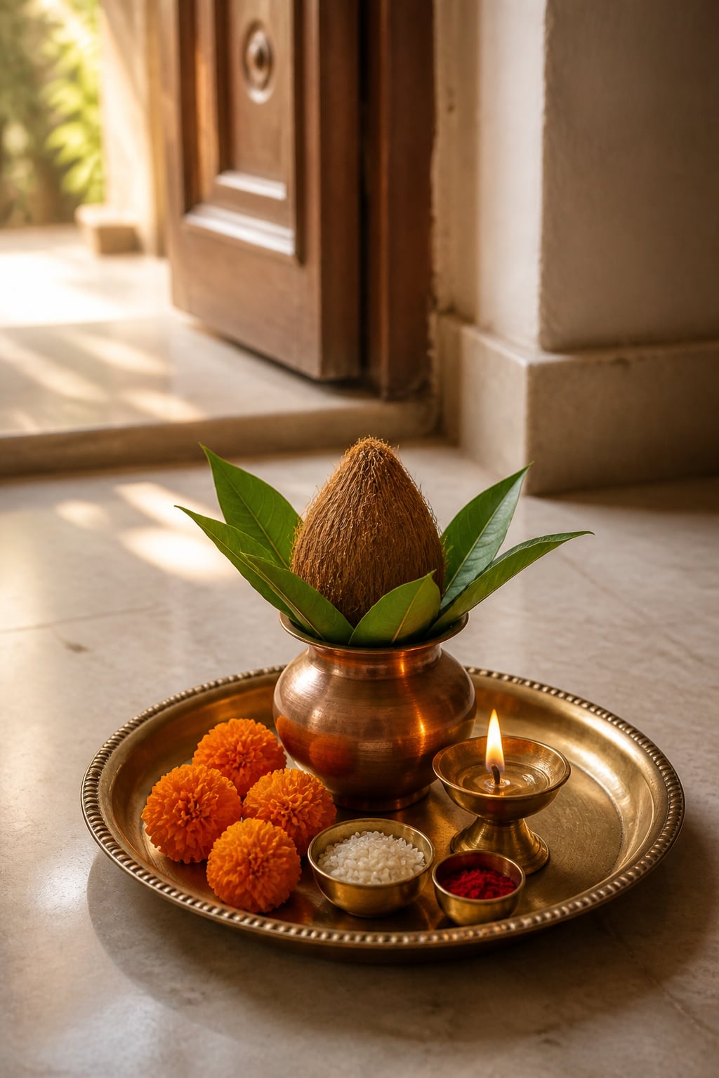 Flowers and lamps prepared for a puja