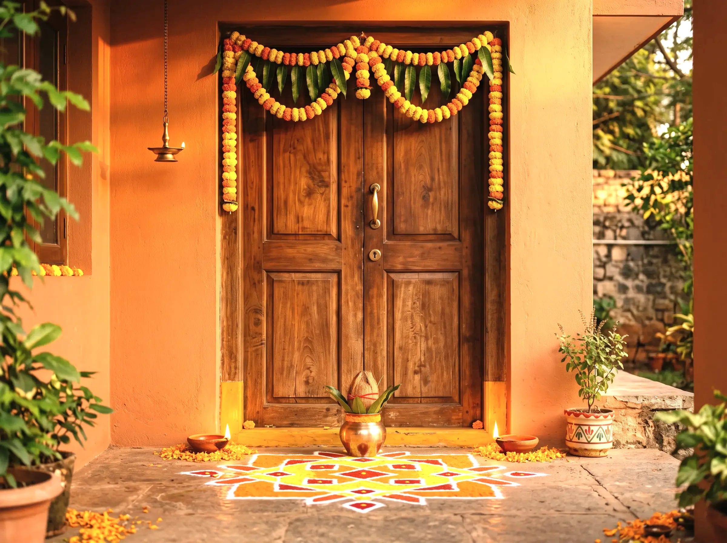 A home's front door with a marigold toran, a kalash and rangoli at the threshold