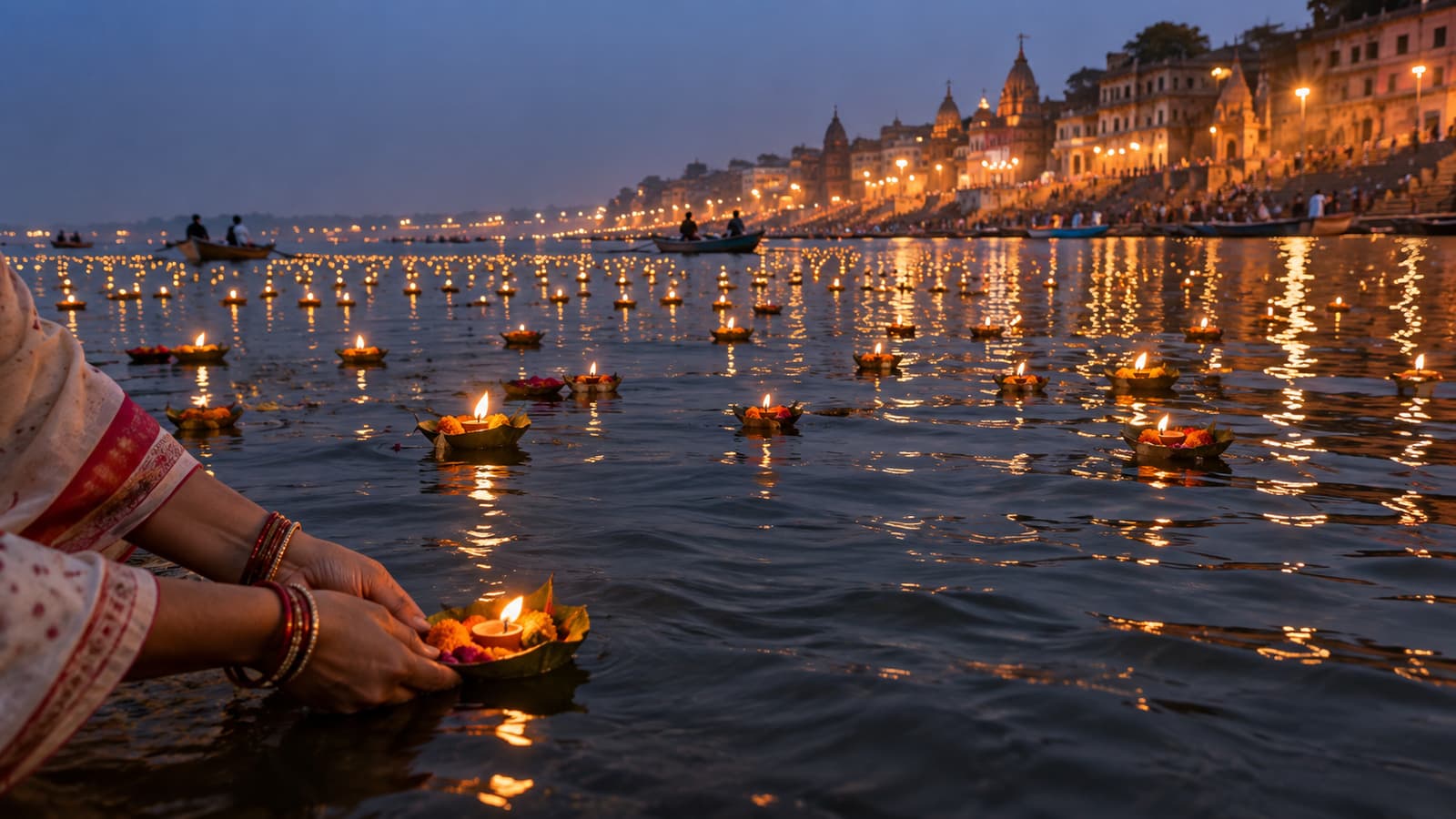 Oil lamps floating on the Ganga at dusk