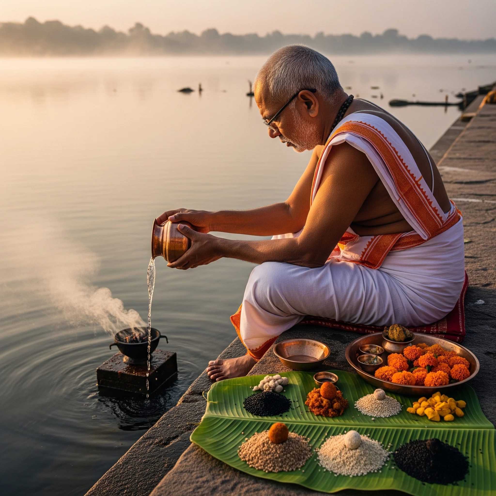 Pind Daan ritual being performed on the banks of the Ganges in Varanasi