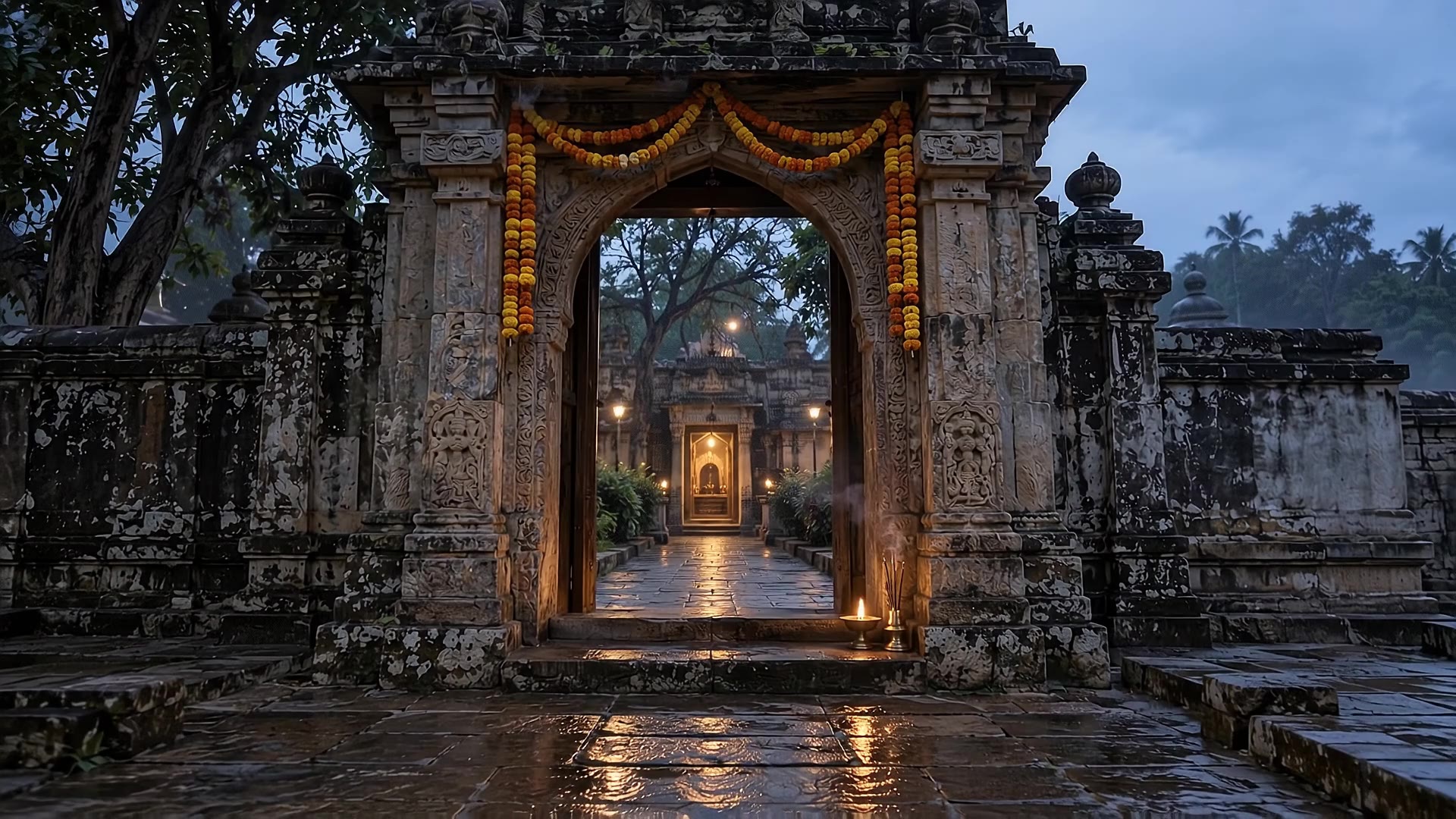 Pre-dawn stone temple gateway hung with marigolds, a lamplit courtyard beyond