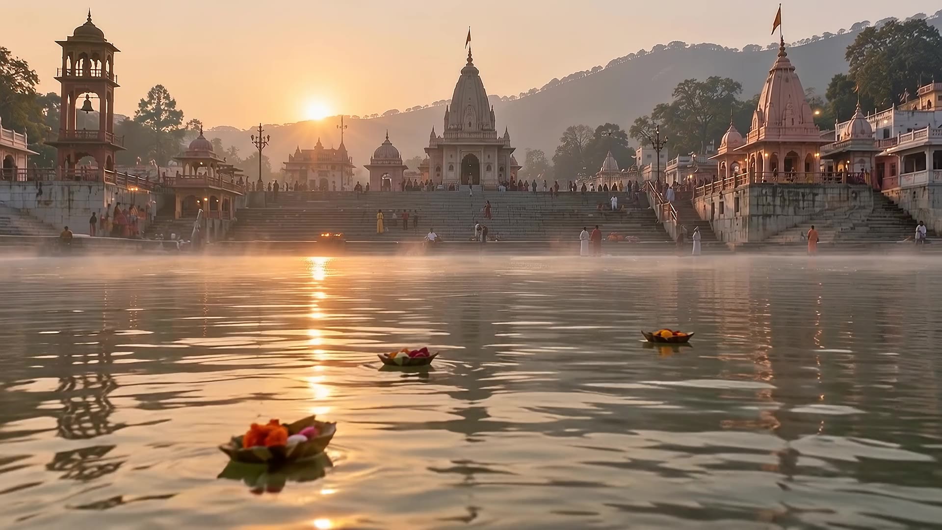 Misty dawn over the Ganga, looking toward the ghat steps and temple spires