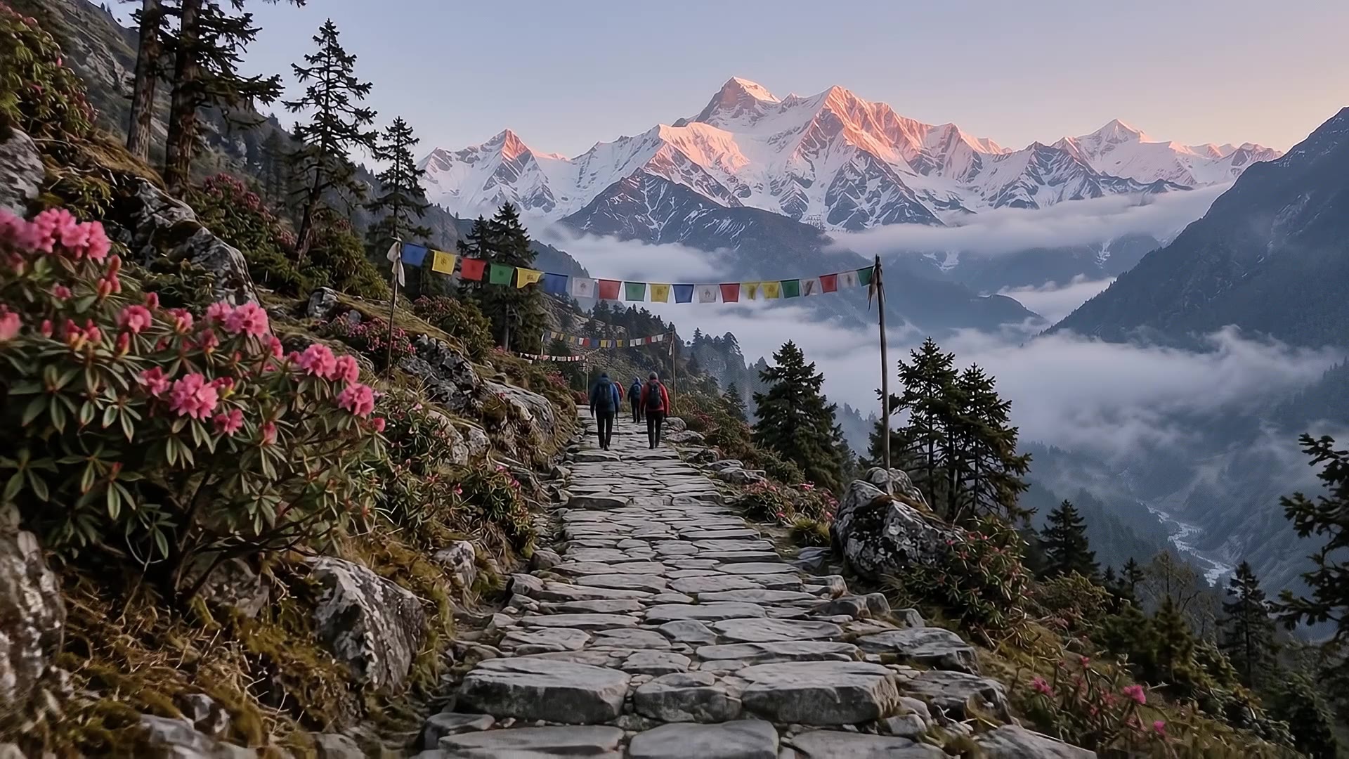 Stone pilgrim path climbing under prayer flags toward snow peaks