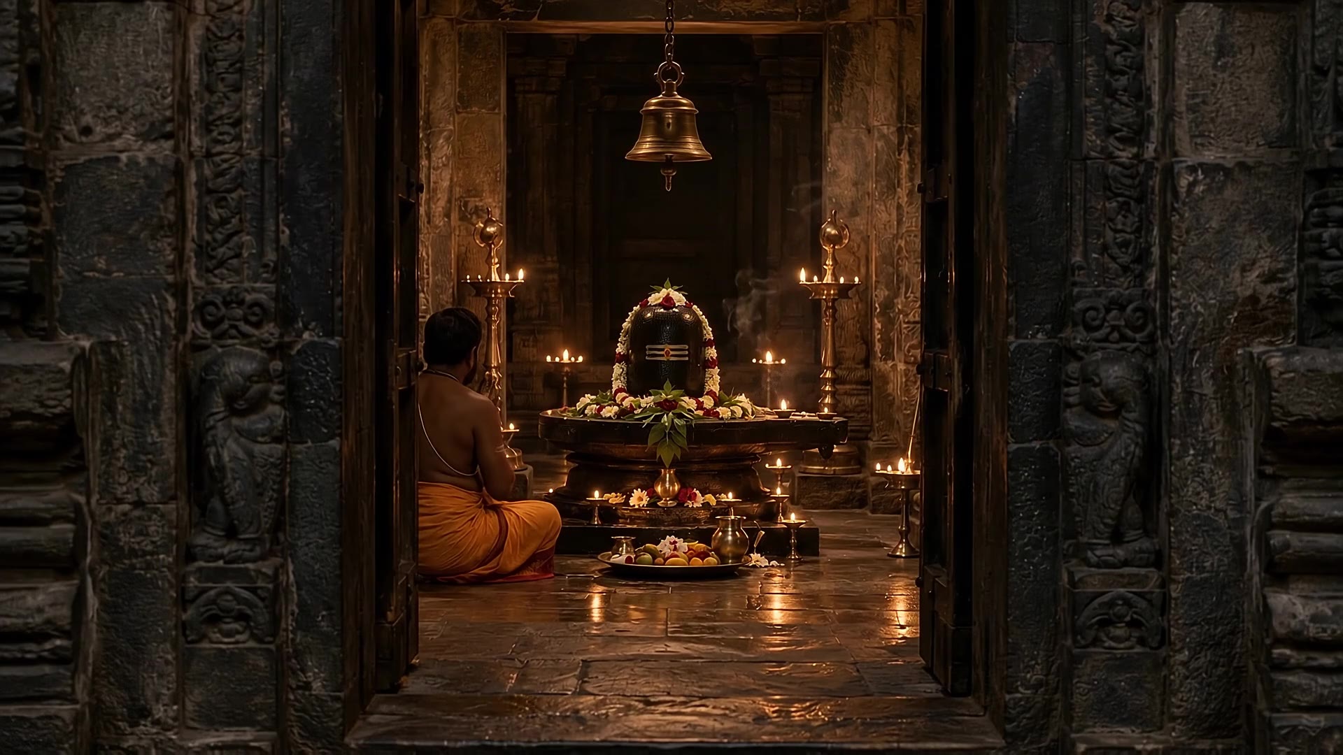 Carved stone doorway into a lamplit temple sanctum