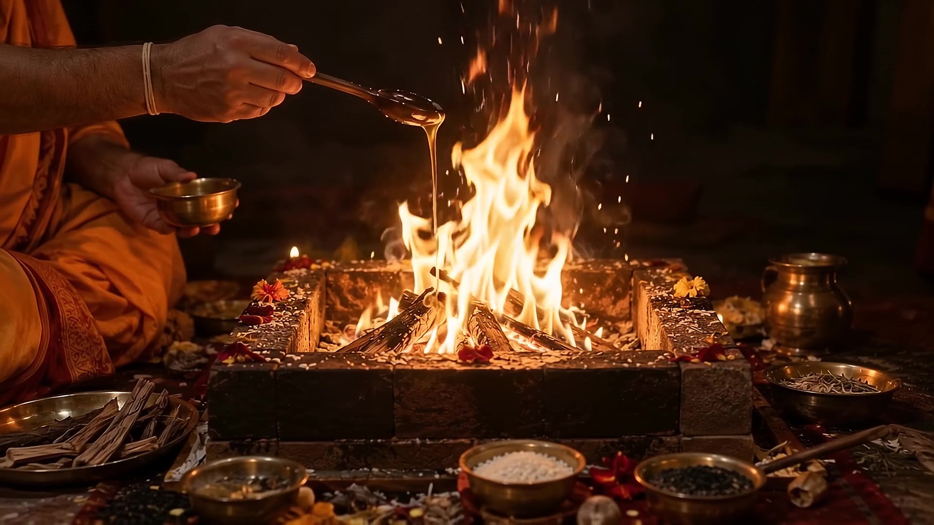 Hands pouring ghee into a havan fire, sparks rising