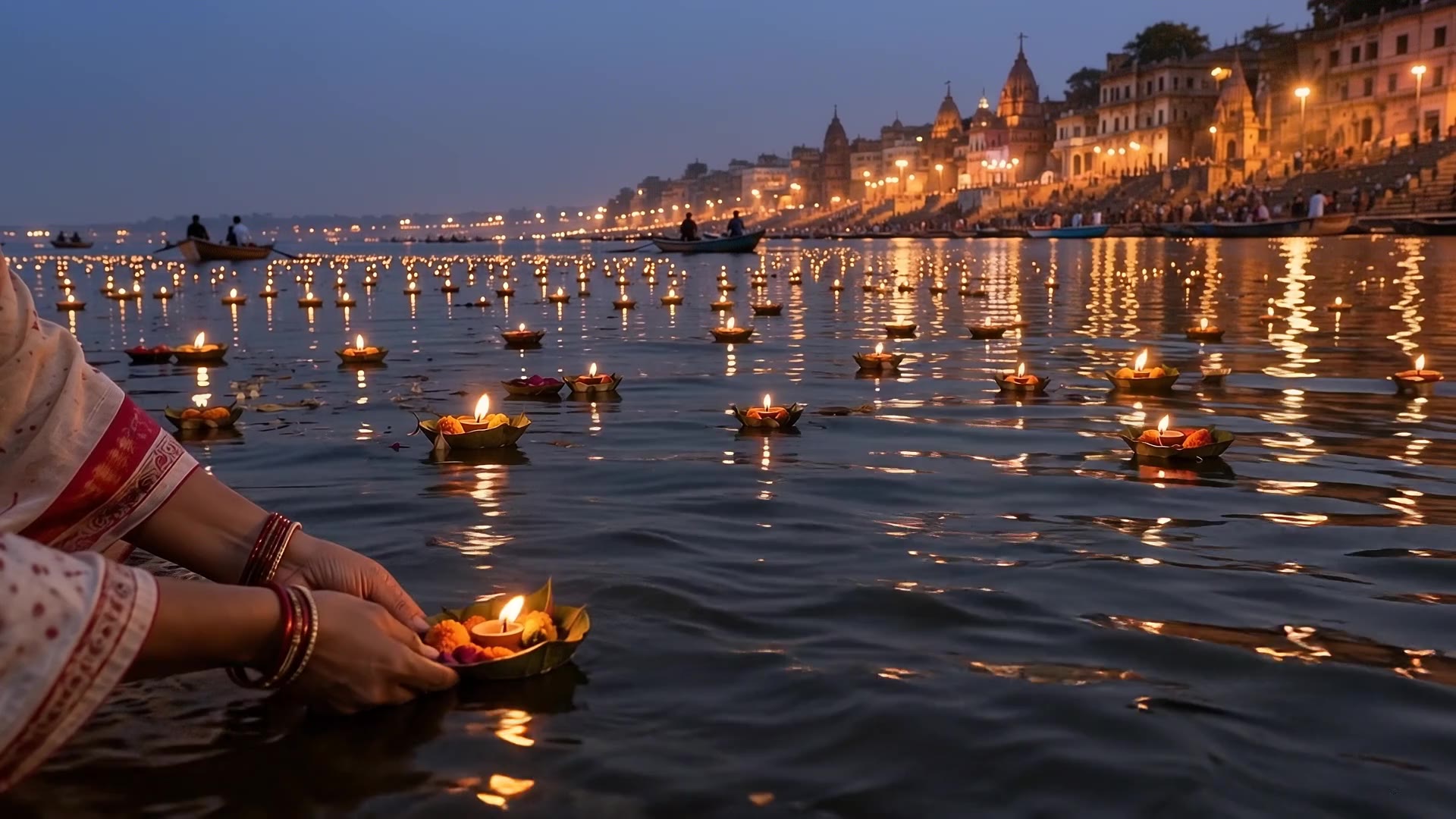 Floating clay diyas drifting on the Ganga at dusk toward the lamplit ghats