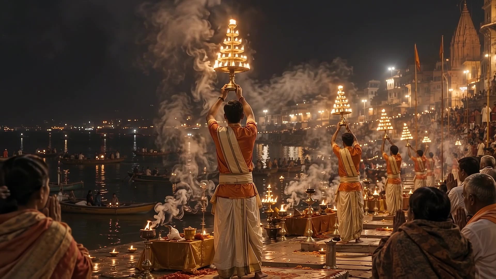 Evening Ganga aarti, tiered brass lamps blazing