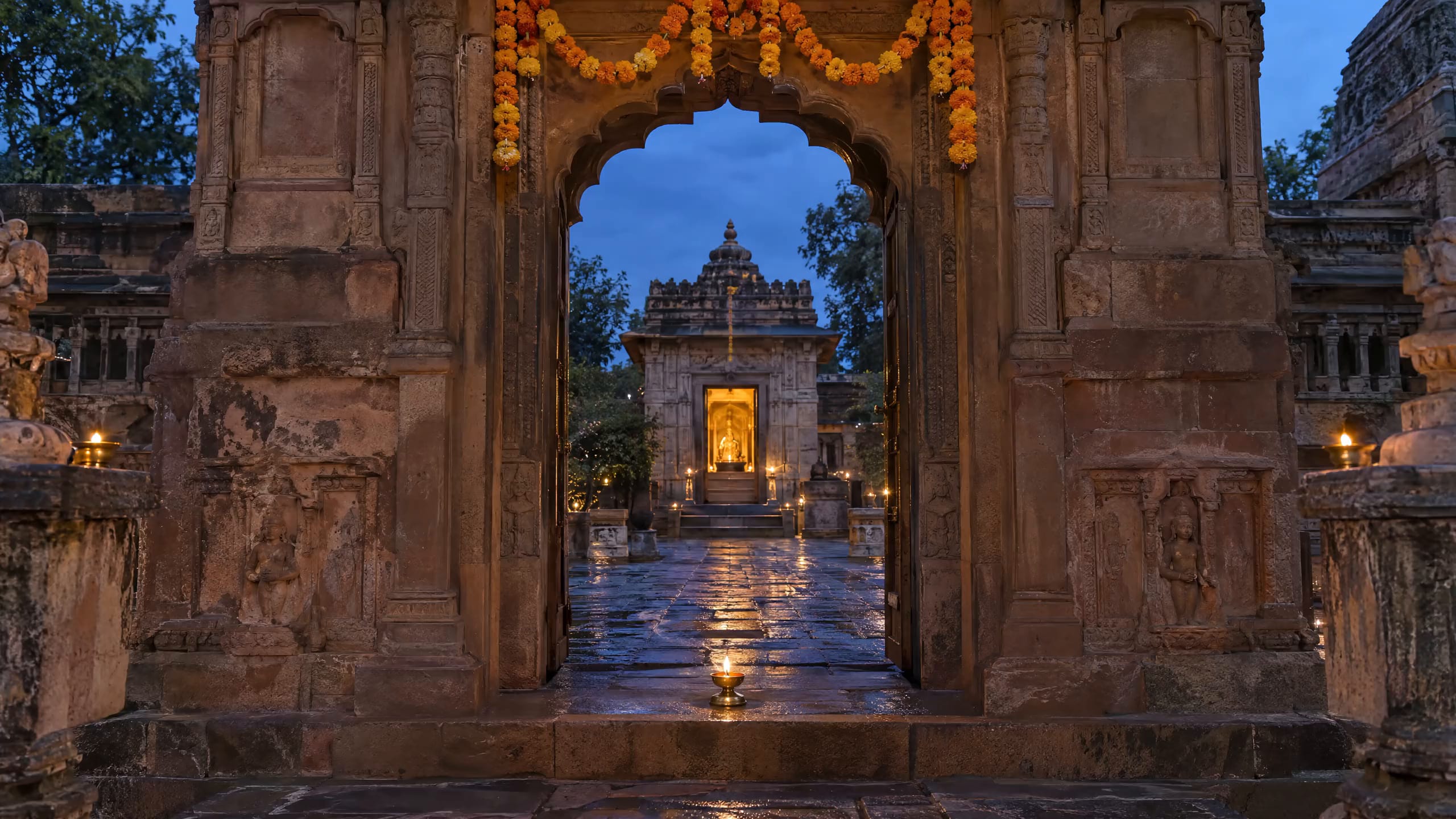 Pre-dawn stone temple gateway hung with marigolds, a lamplit courtyard beyond