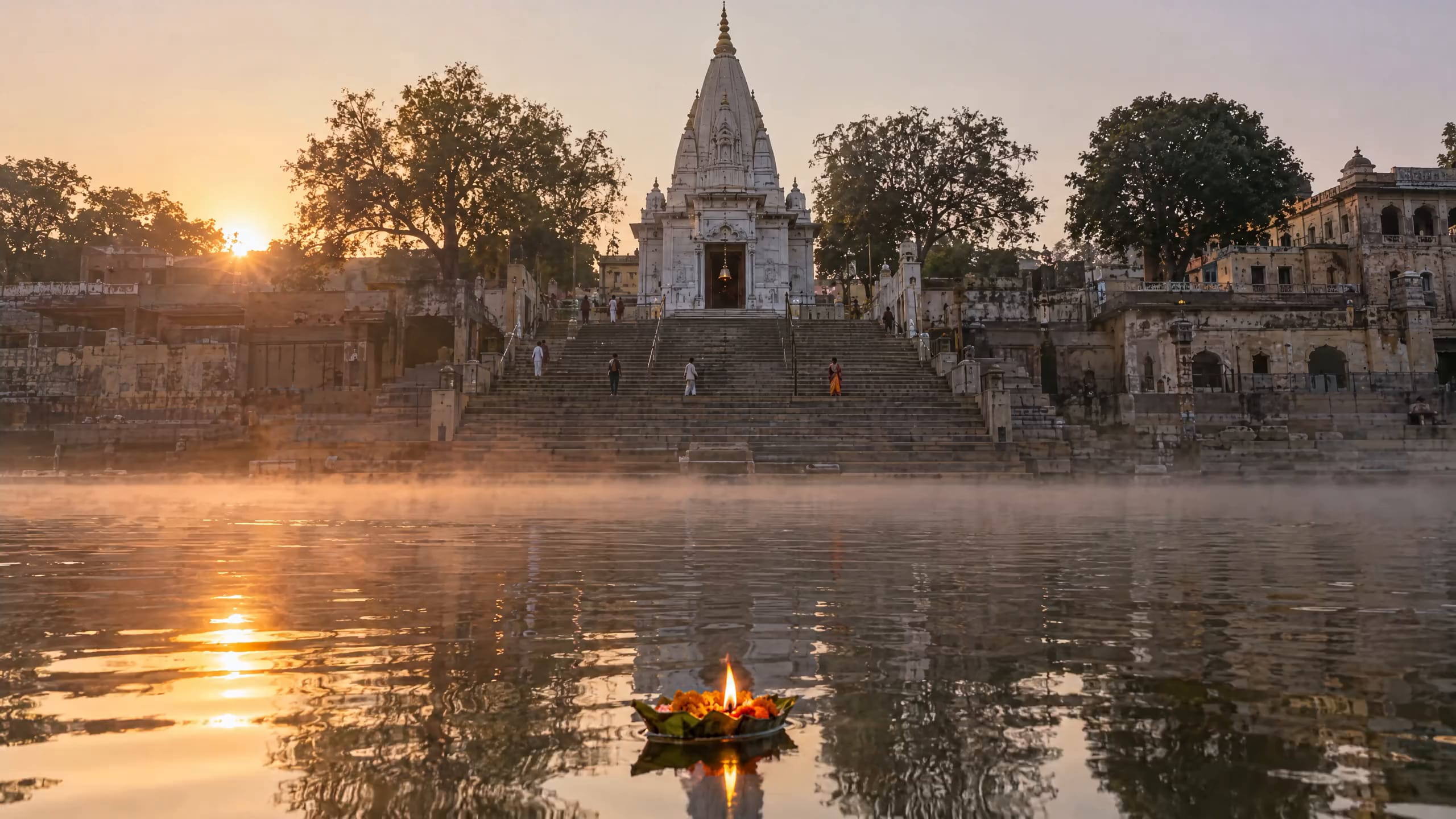 Misty dawn over the Ganga, looking toward the ghat steps and temple spires