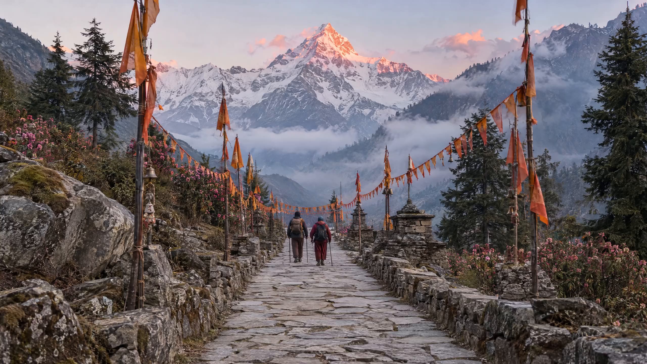 Stone pilgrim path climbing under prayer flags toward snow peaks