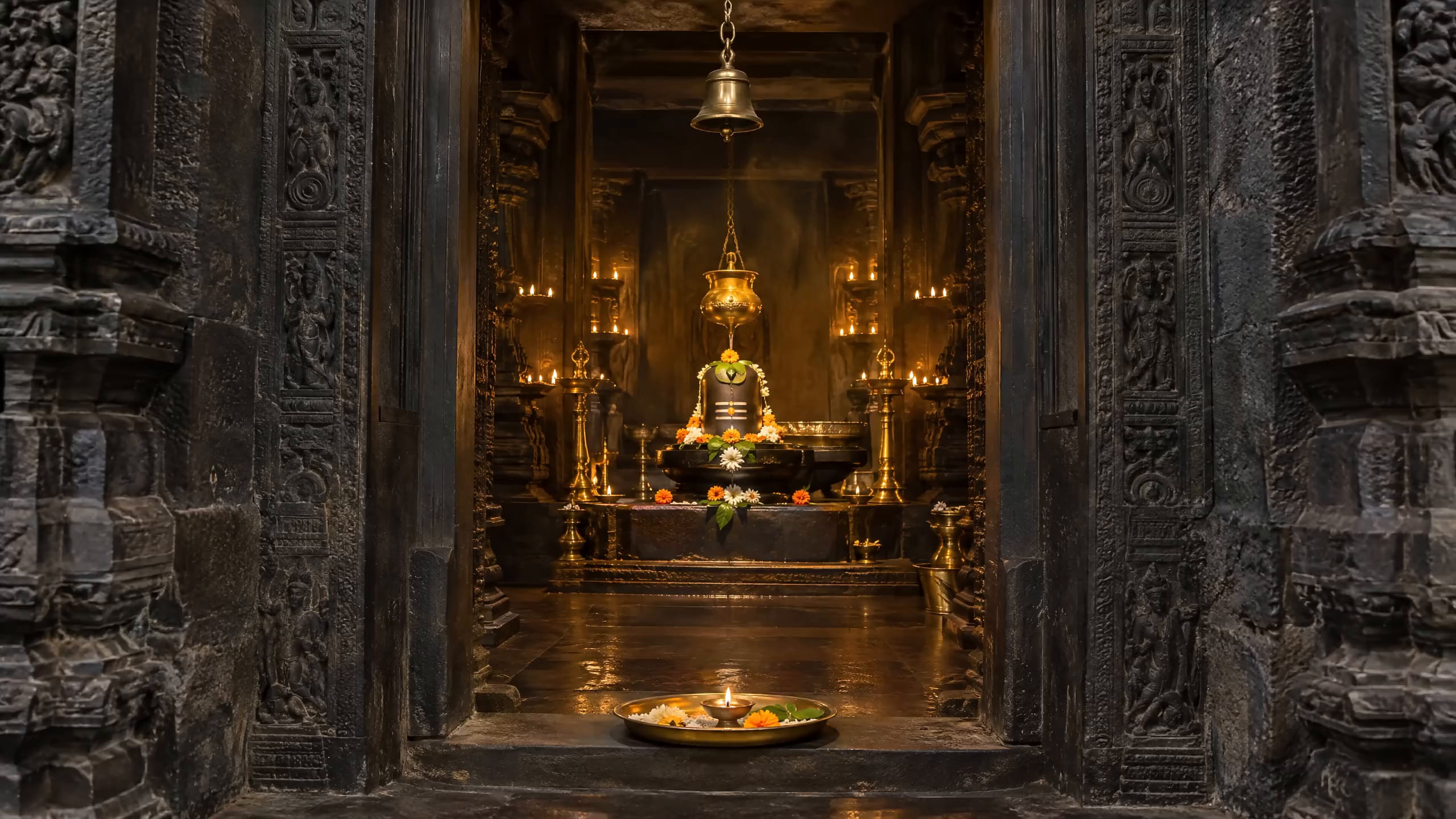 Carved stone doorway into a lamplit temple sanctum