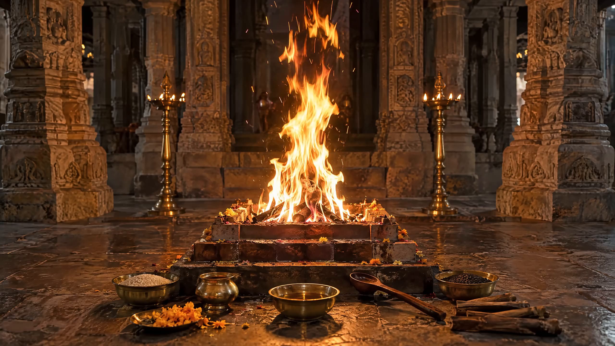 Hands pouring ghee into a havan fire, sparks rising