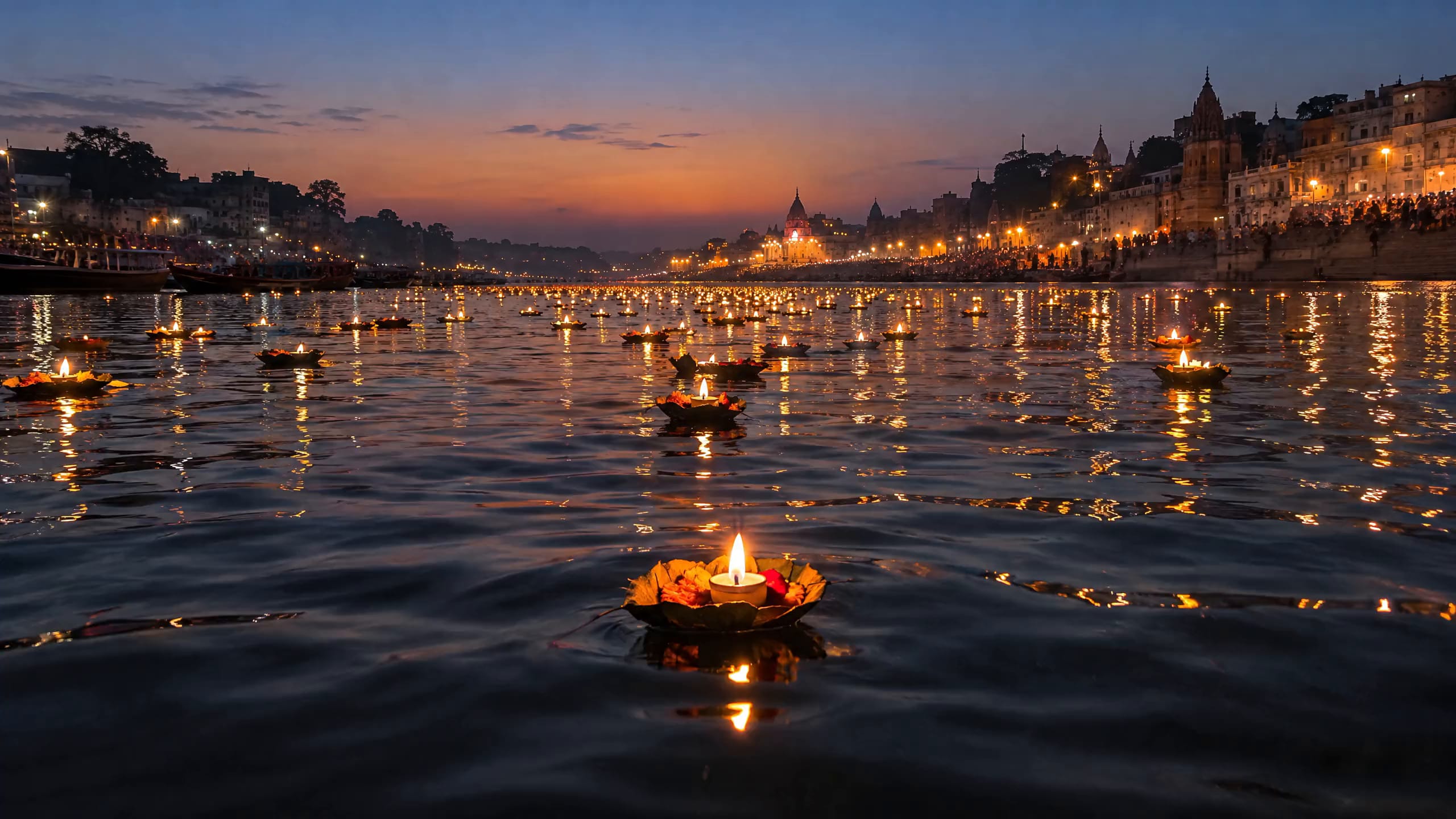 Floating clay diyas drifting on the Ganga at dusk toward the lamplit ghats